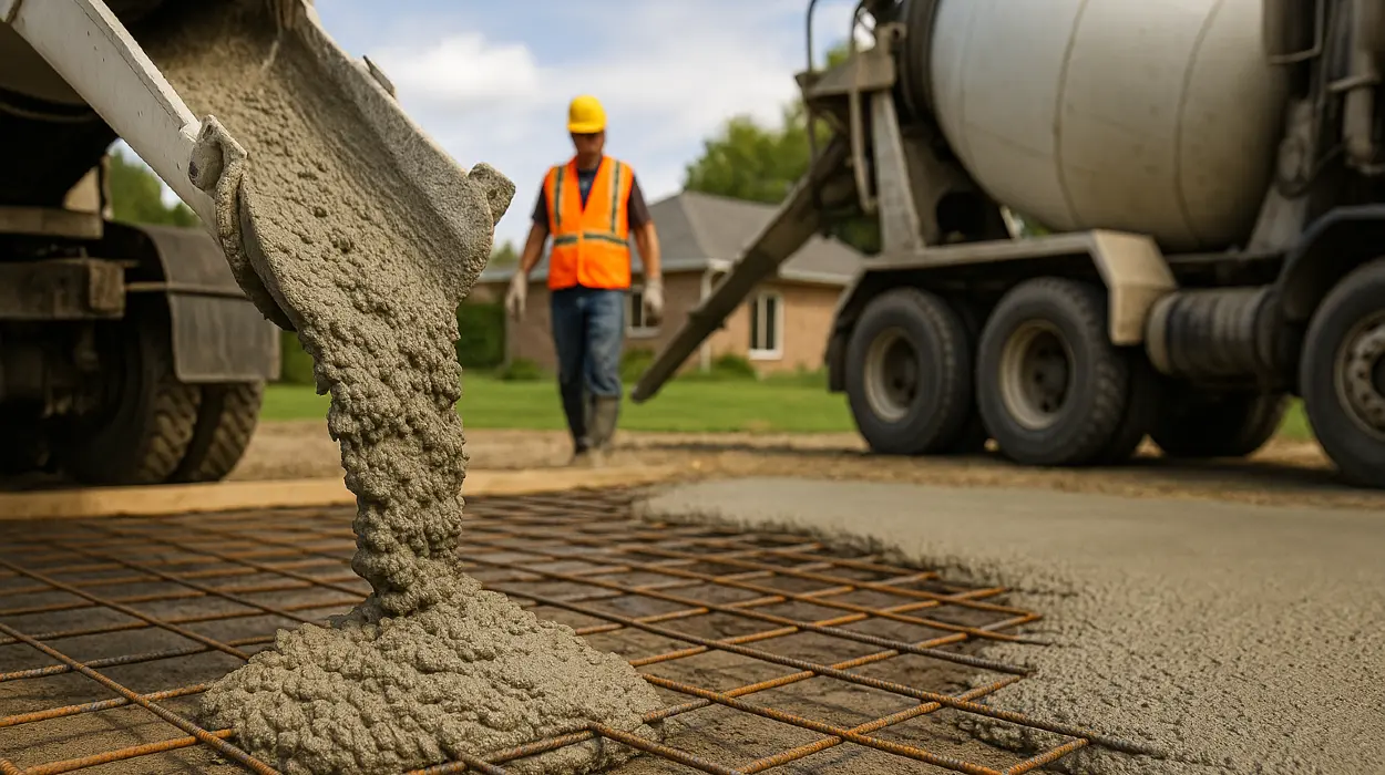 Cement truck pouring cement on a rebared ground from Phoenix Concrete Contractor in Phoenix, AZ - concrete driveway refinishing