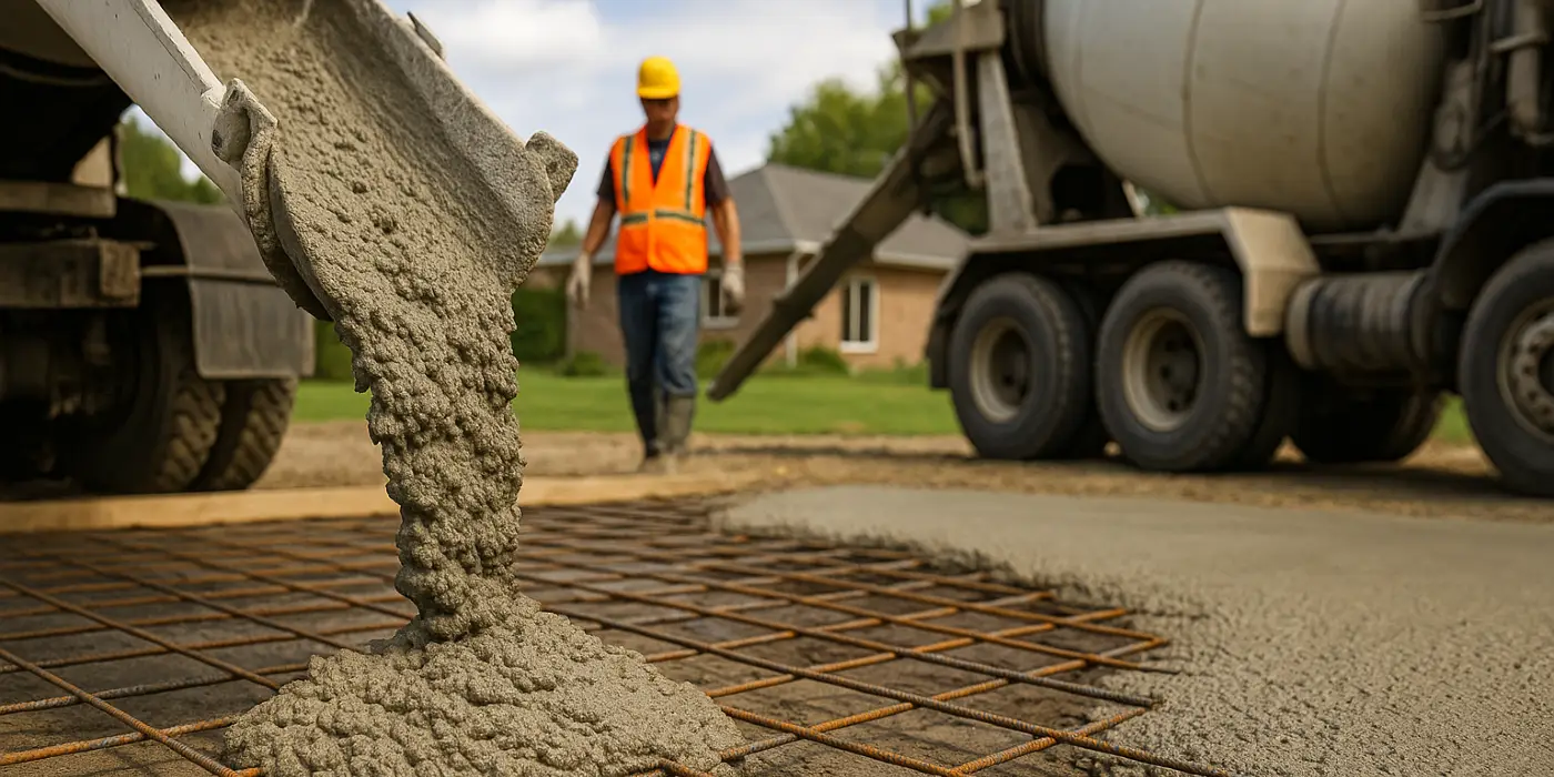 Cement truck pouring cement on a rebared ground from Phoenix Concrete Contractor in Phoenix, AZ - concrete driveway refinishing