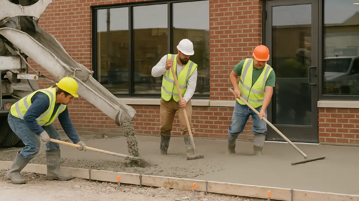 3 concrete contractors spreading concrete on the ground for a sidewalk from Phoenix Concrete Contractor in Phoenix, AZ - concrete driveway replacement