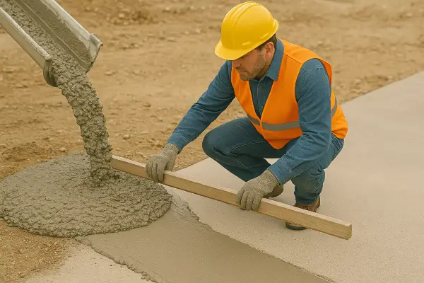 a concrete worker using a piece of wood to spread fresh cement for a sidewalk from Phoenix Concrete Contractor in Phoenix, AZ - concrete driveway replacement