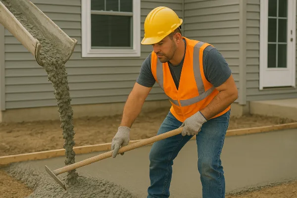 a man spreading the cement that a truck is pouring on the ground from Phoenix Concrete Contractor in Phoenix, AZ - concrete patio contractor