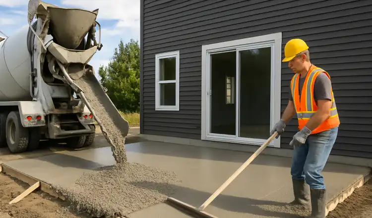 a man spreading the cement a truck is pouring to build a patio from Phoenix Concrete Contractor in Phoenix, AZ - concrete services near me