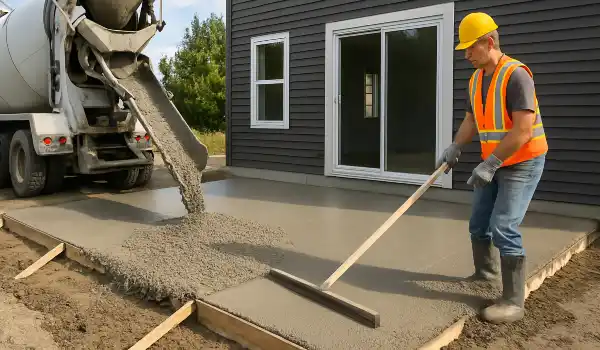 a man spreading the cement a truck is pouring to build a patio from Phoenix Concrete Contractor in Phoenix, AZ - concrete walkway installation