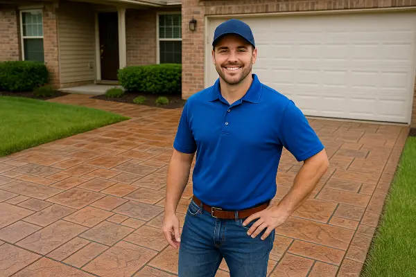 a concrete contractor smiling at the camera with stamped concrete behind him from Phoenix Concrete Contractor in Phoenix, AZ - Driveway Repair a concrete contractor smiling at the camera with stamped concrete behind him from Phoenix Concrete Contractor in Phoenix, AZ - Driveway Repair