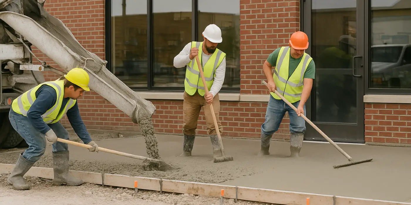 3 concrete contractors spreading concrete on the ground for a sidewalk from Phoenix Concrete Contractor in Phoenix, AZ - footing slab foundation