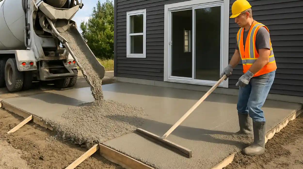 a man spreading the cement a truck is pouring to build a patio from Phoenix Concrete Contractor in Gilbert, AZ - Gilbert AZ