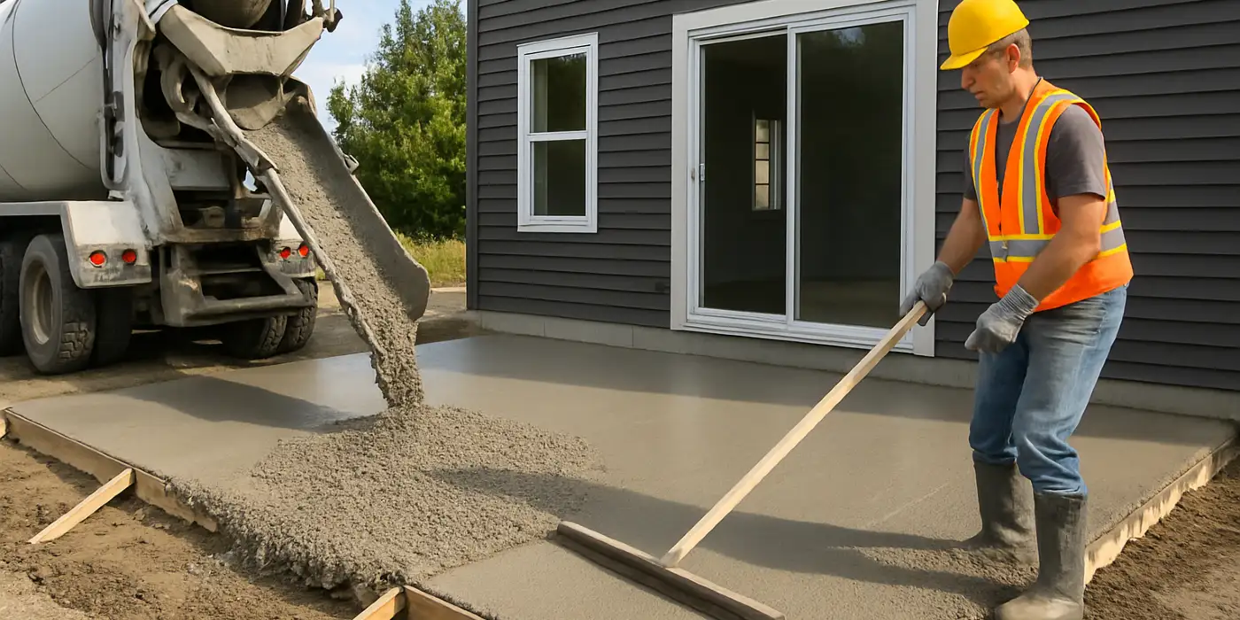 a man spreading the cement a truck is pouring to build a patio from Phoenix Concrete Contractor in Gilbert, AZ - Gilbert AZ