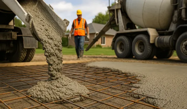 Cement truck pouring cement on a rebared ground from Phoenix Concrete Contractor in Mesa, AZ - Mesa AZ