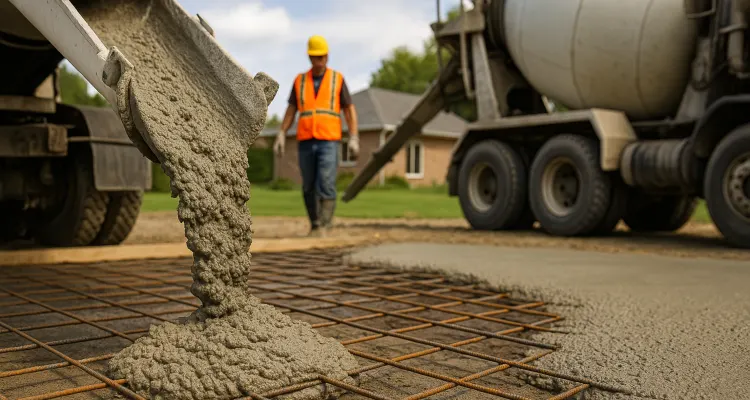 Cement truck pouring cement on a rebared ground from Phoenix Concrete Contractor in Mesa, AZ - Mesa AZ
