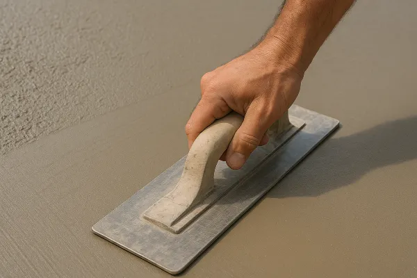 a hand trowel being used on a fresh cement slab from Phoenix Concrete Contractor in Phoenix, AZ - stamped concrete contractor